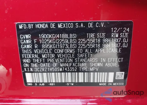 2025 Honda Hr-V 2Wd Sport from USA, damaged, VIN 3CZRZ1H50SM743352